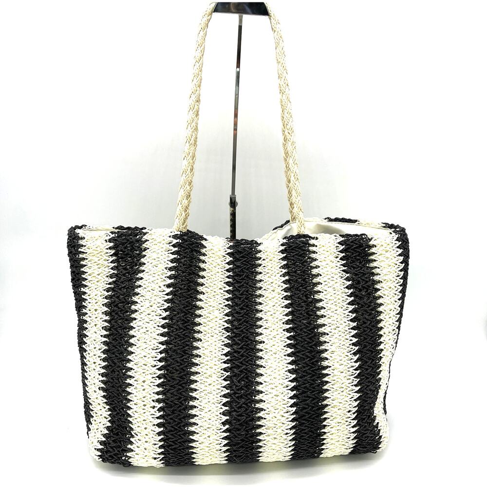 Bueno Tote Bag Large‎ Woven Straw Black Cream Beachy Boho Travel Summer Festival - Picture 2 of 13